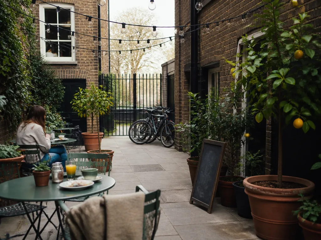 The courtyard cafe at breakfast: metal tables, potted lemon trees, a chalkboard, bicycles by the gate