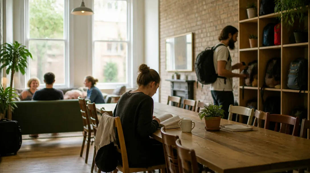 The common room: a long shared wooden table by tall windows, travelers reading on a sofa, a wall of shelves holding backpacks