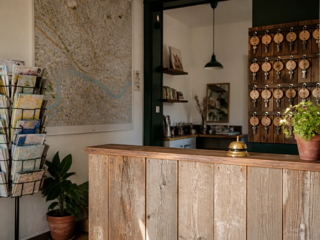 The reception desk: reclaimed wood, a brass bell, city maps and numbered wooden key tags