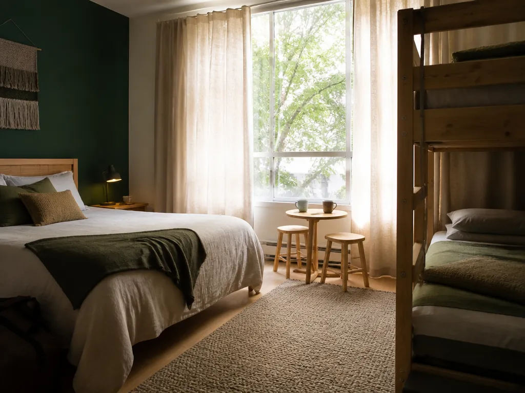 Family room: One double bed and a sturdy bunk, a rug for the floor games, and the only private bathroom in the house.