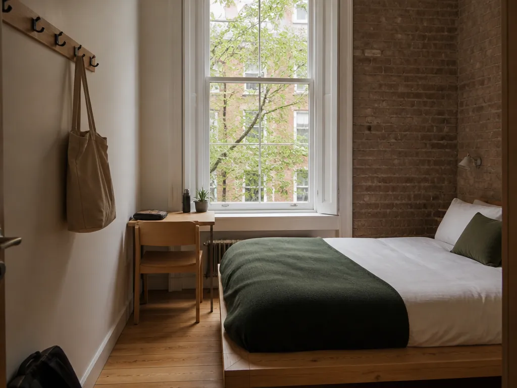 Private double: A small private room with a low wooden bed, a desk by the window and a door that is yours. Shared bathroom down the hall.